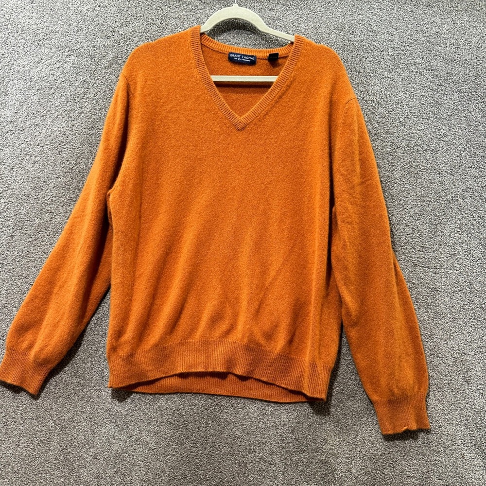 Grant Thomas  V-Neck Sweater Men XL Orange Two‎ Ply 100% Cashmere Classic Luxury